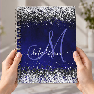 Cute royal blue silver faux glitter monogram notebook