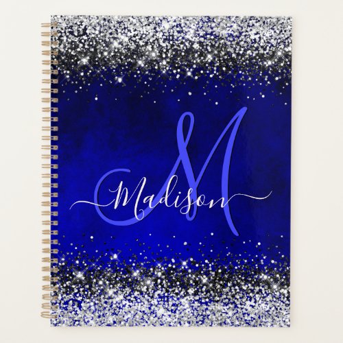 Cute royal blue silver faux glitter monogram planner