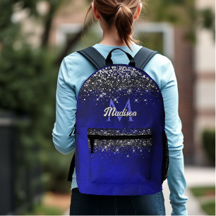 Cute royal blue silver faux glitter monogram printed backpack