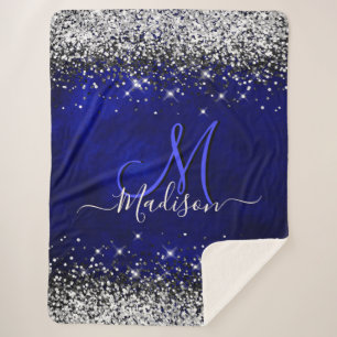 Cute royal blue silver faux glitter monogram sherpa blanket