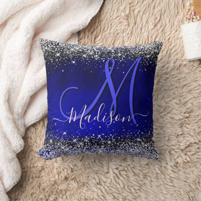 Cute royal blue silver faux glitter monogram throw pillow (Blanket)