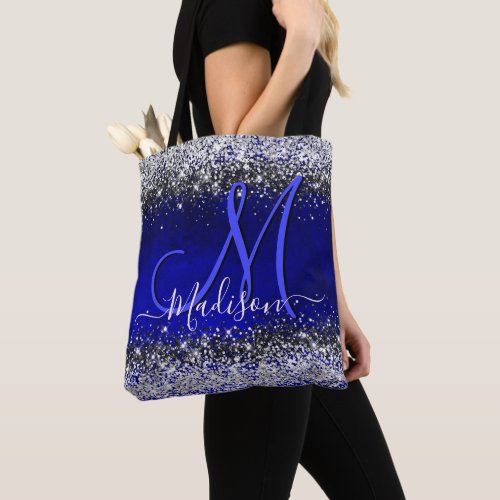 Cute royal blue silver faux glitter monogram tote bag