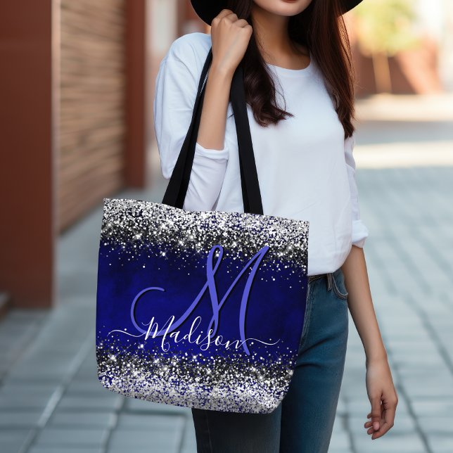 Cute royal blue silver faux glitter monogram tote bag (Creator Uploaded)