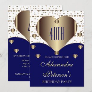 Cute Royal Blue White And Golden Hearts Birthday Invitation