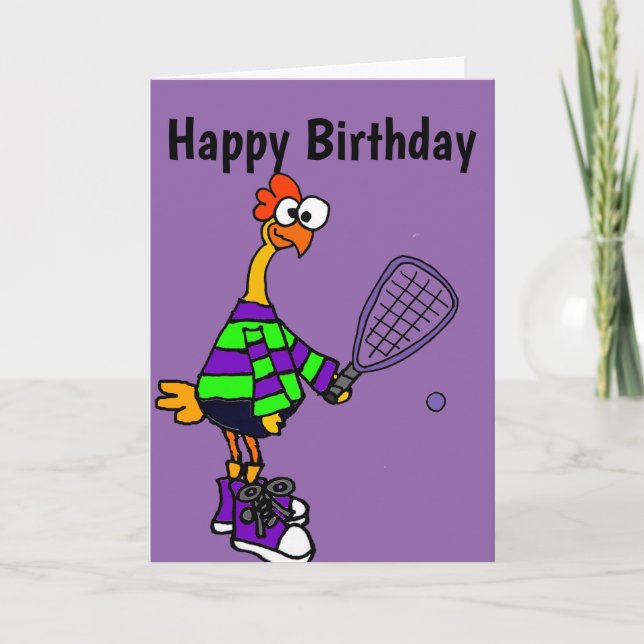Cute Rubber Chicken Playing Racquetball Cartoon Card (Front)