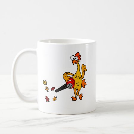 Cute Rubber Chicken Using Leaf Blower Coffee Mug