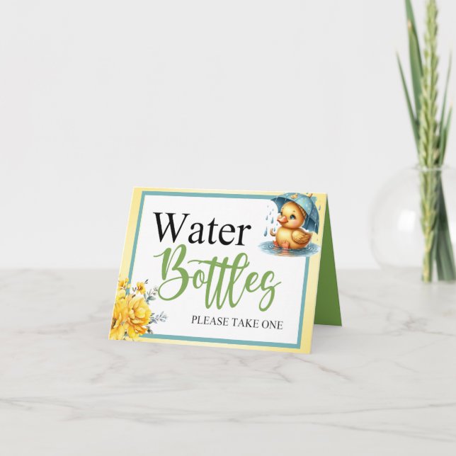 Cute Rubber Duck  Baby Shower Water Bottle Table Card (Front)