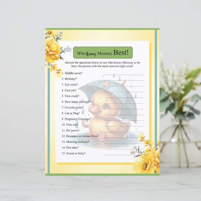 Cute Rubber Duck Baby Shower Who Knows Mommy Game (Standing Front)