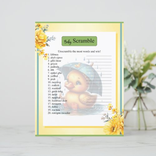 Cute Rubber Duck Baby Shower Word Scramble Game