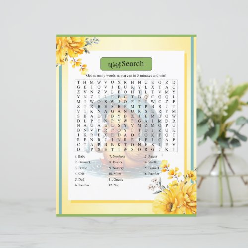 Cute Rubber Duck Baby Shower Word Search Game