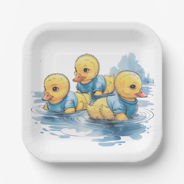 Cute Rubber Duck in Blue Clothing  Paper Plates (Front)