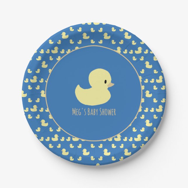 Cute Rubber Duck Modern Blue Baby Shower Paper Plates (Front)