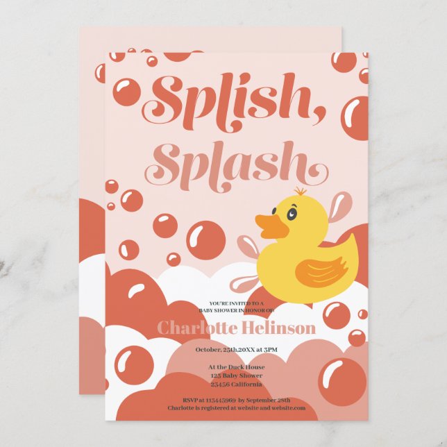 Cute rubber duck splish splash bubbles baby shower invitation (Front/Back)