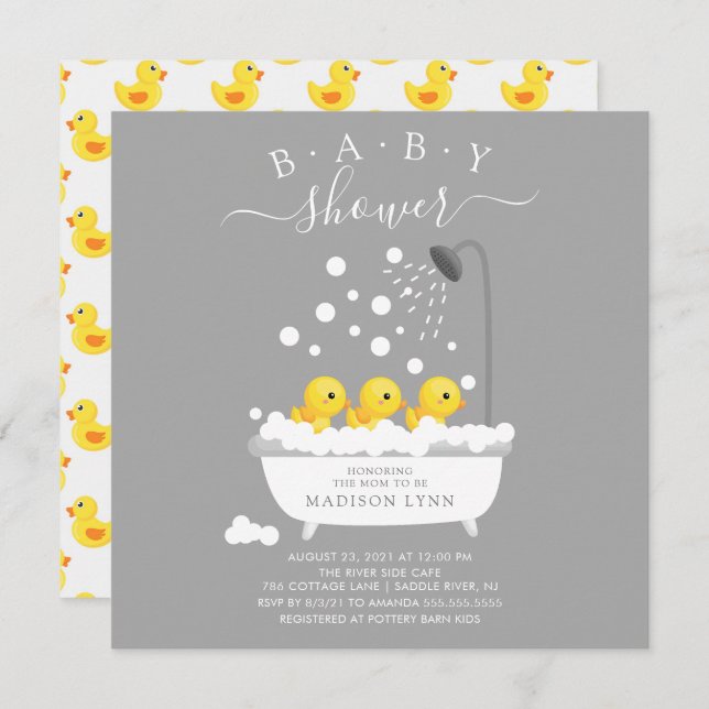 Cute Rubber Duck Triplets Baby Shower Invitation (Front/Back)