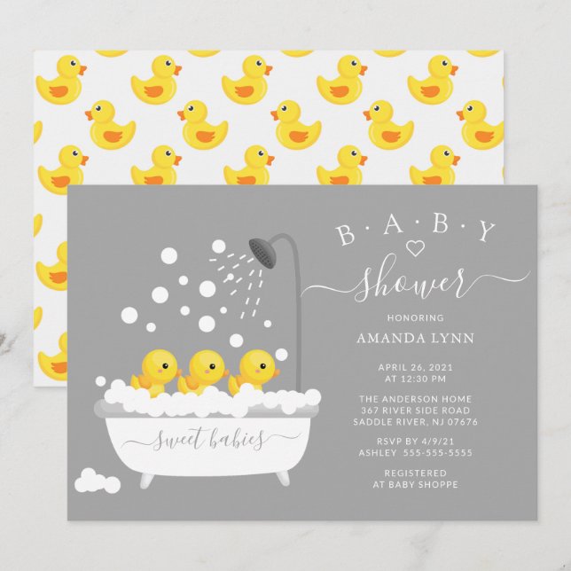Cute Rubber Duck Triplets Baby Shower Invitation (Front/Back)