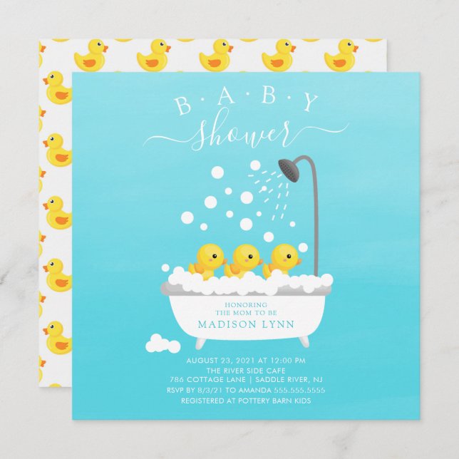 Cute Rubber Duck Triplets Baby Shower Invitation (Front/Back)