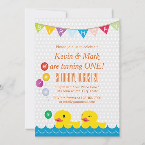 Cute Rubber Duck Twins Polka Dot Birthday Party Invitation