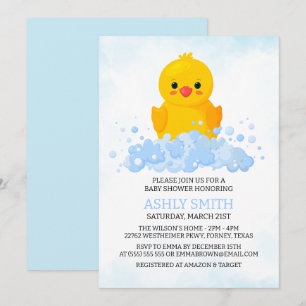 Cute Rubber Duck White Blue Minimalist Baby Shower Invitation
