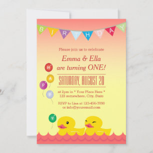 Cute Rubber Ducks Twin Girls Birthday Party Invitation