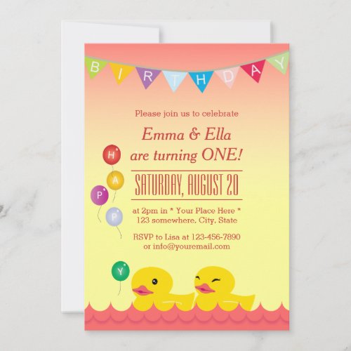 Cute Rubber Ducks Twin Girls Birthday Party Invitation