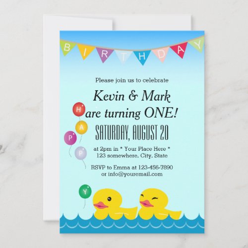 Cute Rubber Ducks Twins Birthday Party Invitation