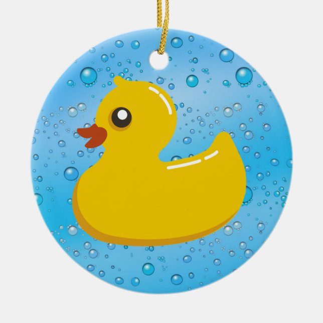 Cute Rubber Ducky/Blue Bubbles Ceramic Ornament (Front)