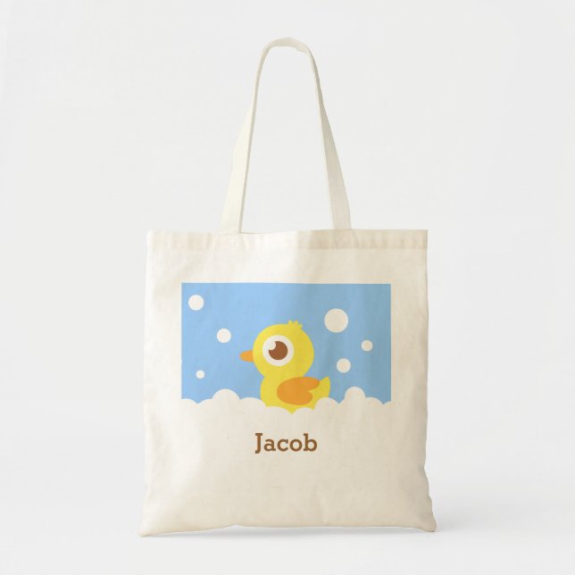 Cute Rubber Ducky Bubbles Kids Name Tote Bag (Front)