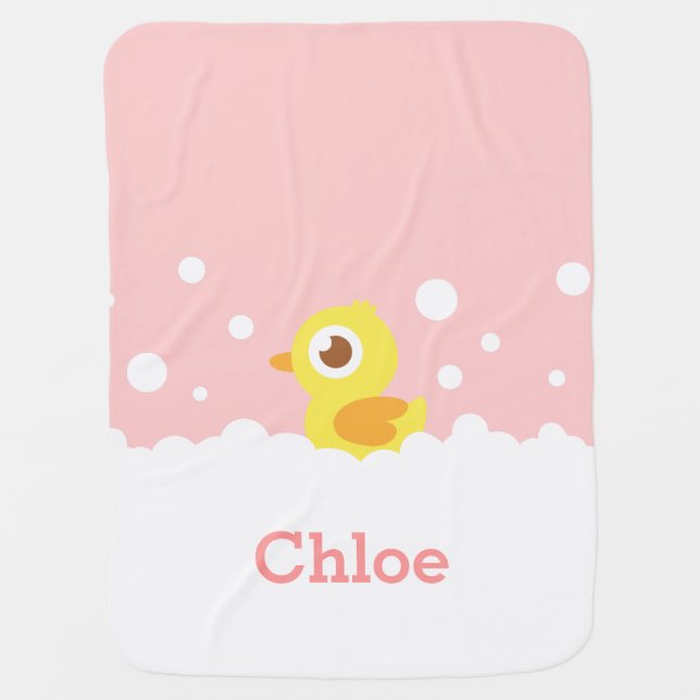 Cute Rubber Ducky in Bubble Bath for Baby Girl Receiving Blanket (Front)