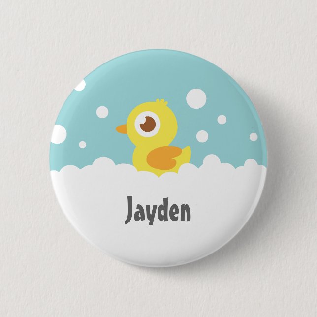 Cute Rubber Ducky in Bubble Bath Kids Name Button (Front)