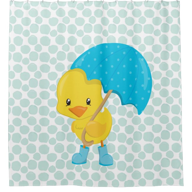 Cute Rubber Ducky on Blue Dots Shower Curtain (Front)