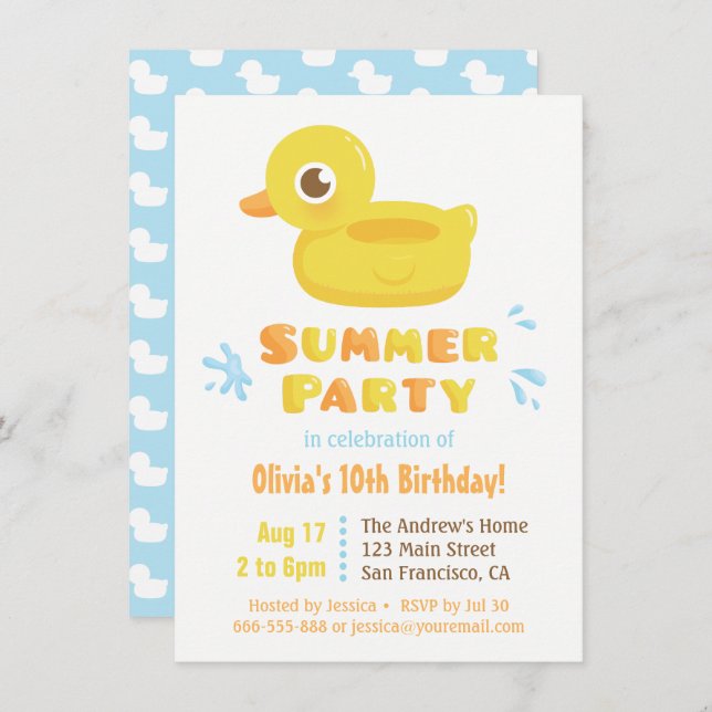 Cute Rubber Ducky Pool Float Summer Birthday Party Invitation (Front/Back)
