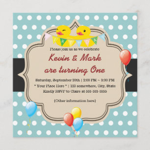 Cute Rubber Ducky Twins Polka Dots Birthday Invitation