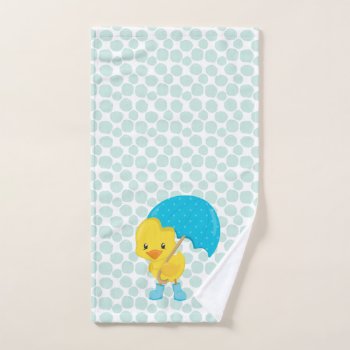 Cute Rubber Ducky With Blue Dots Pattern Hand Towel by DancingPelican at Zazzle