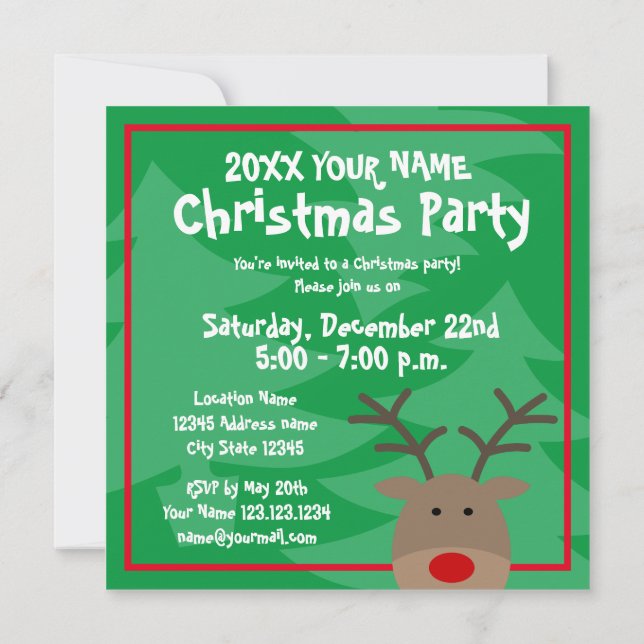 Cute Rudolf the red nose reindeer Christmas party Invitation (Back)