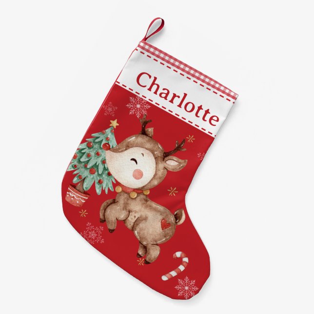 Cute Rudolph Red Nose Reindeer Red Gingham  Small Christmas Stocking (Front (Hanging))