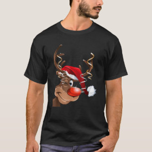 Cute Rudolph Red Nose Reindeer Santa Hat Christmas T-Shirt