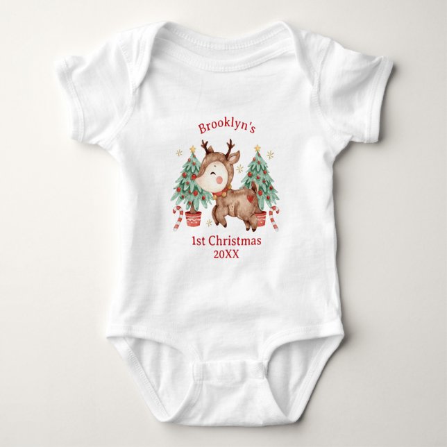 Cute Rudolph Red Nose Reindeer Tree 1st Christmas Baby Bodysuit (Front)