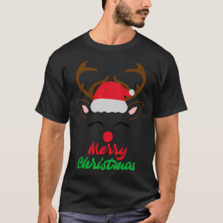 Cute Rudolph Red Nosed Reindeer Santa Hat Merry Ch T-Shirt