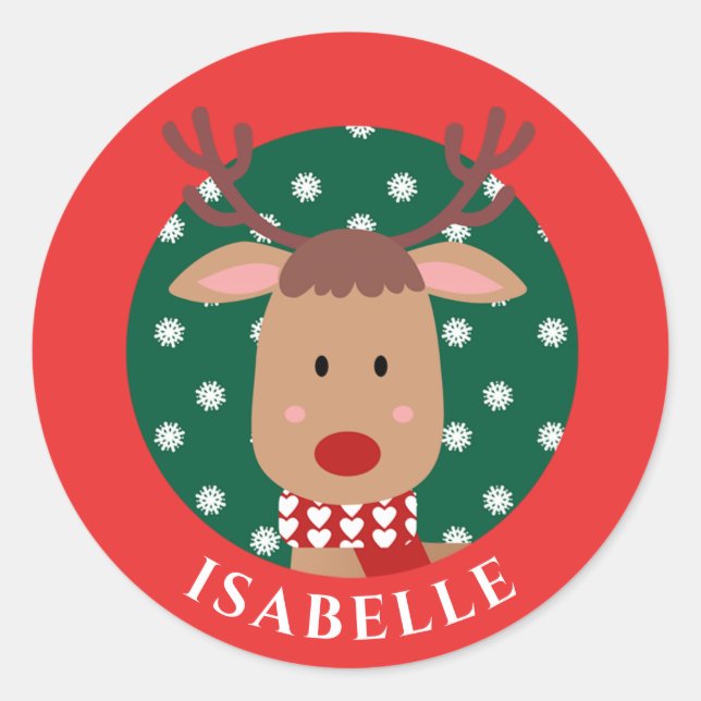 Cute Rudolph Reindeer Christmas Red Green Classic  Round Sticker (Front)