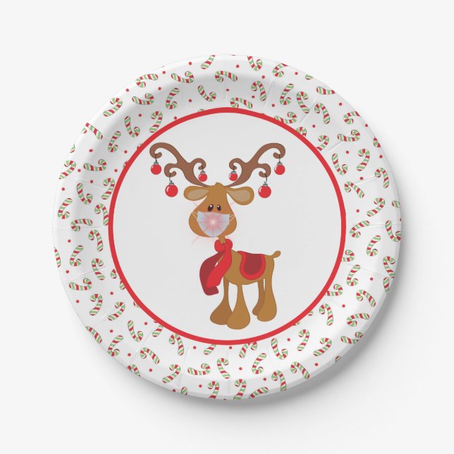 Cute Rudolph Reindeer Face Mask Christmas Party Paper Plates (Front)