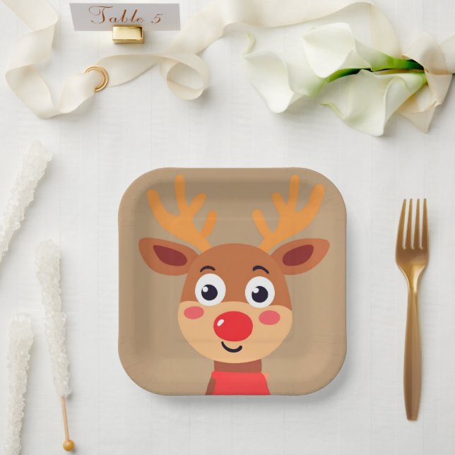 Cute Rudolph The Red Nose Reindeer Paper Plate (Wedding)
