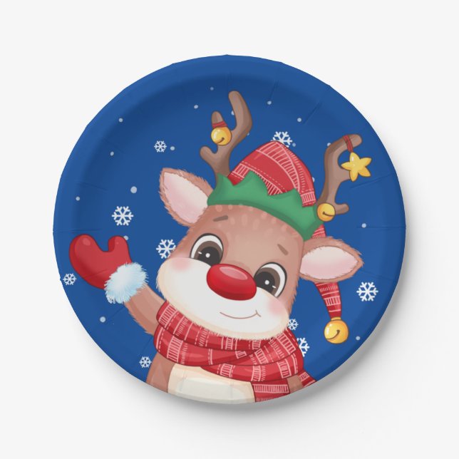 Cute Rudolph The Red Nose Reindeer Paper Plates (Front)