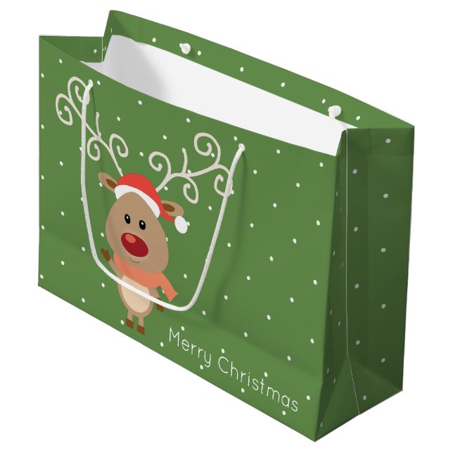 Cute Rudolph the red nosed reindeer cartoon Large Gift Bag (Front Angled)