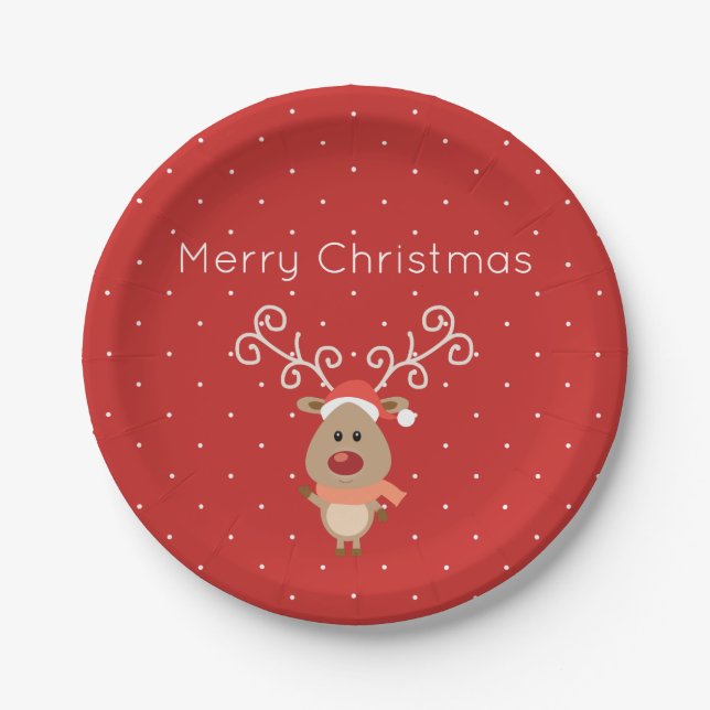 Cute Rudolph the red nosed reindeer cartoon Paper Plates (Front)