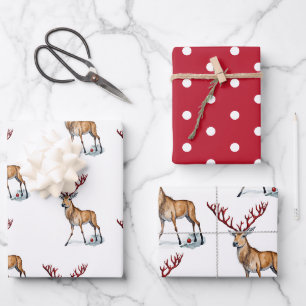 Cute Rudolph The Reindeer Christmas Watercolor Wrapping Paper Sheets
