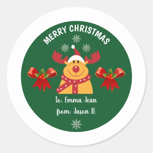 Cute Rudolph the Reindeer Merry Christmas To From  Classic Round Sticker