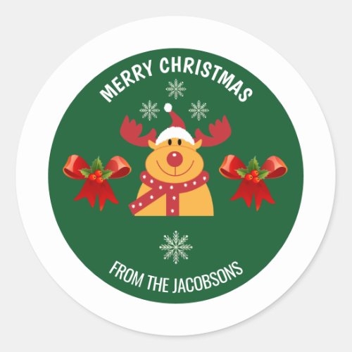 Cute Rudolph the Reindeer Merry Xmas From Family Classic Round Sticker