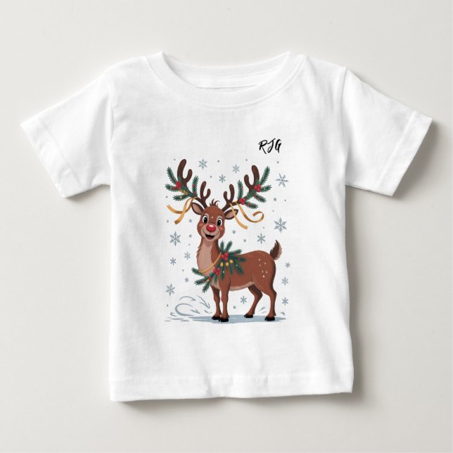 Cute Rudolph with Gold Accents Initials Baby T-Shirt (Front)