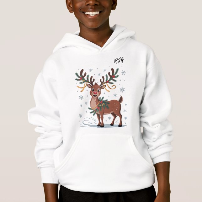 Cute Rudolph with Gold Accents Initials Hoodie (Front)