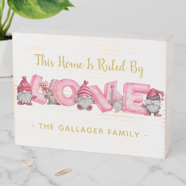 Cute Ruled By Love Valentine Gnomes Illustration Wooden Box Sign (In Situ Horizontal)